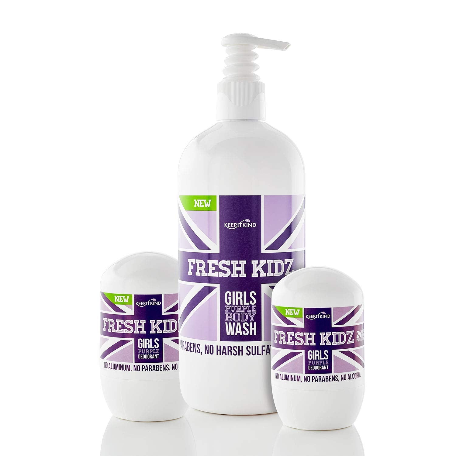Fresh Kidz Body Wash 16.9 fl.oz. and 2 Roll-On Deodorants 1.86 fl.oz. for Kids and Teens - Girls Purple Set