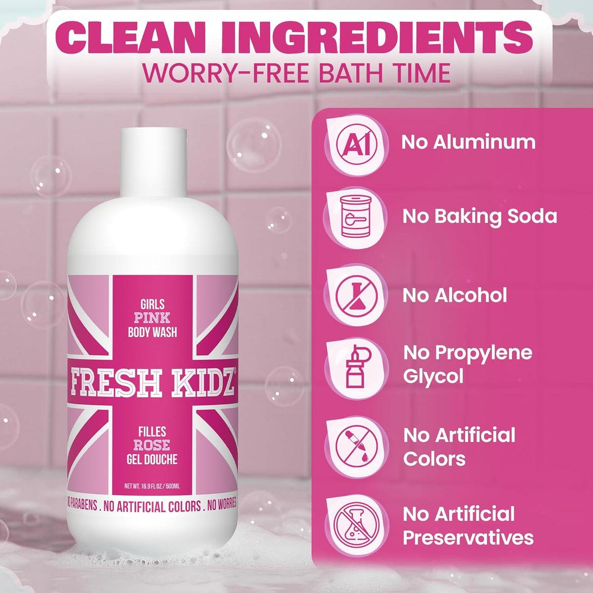 Fresh Kidz Girls Pink Body Wash + 2 Roll-On Deodorant Combo