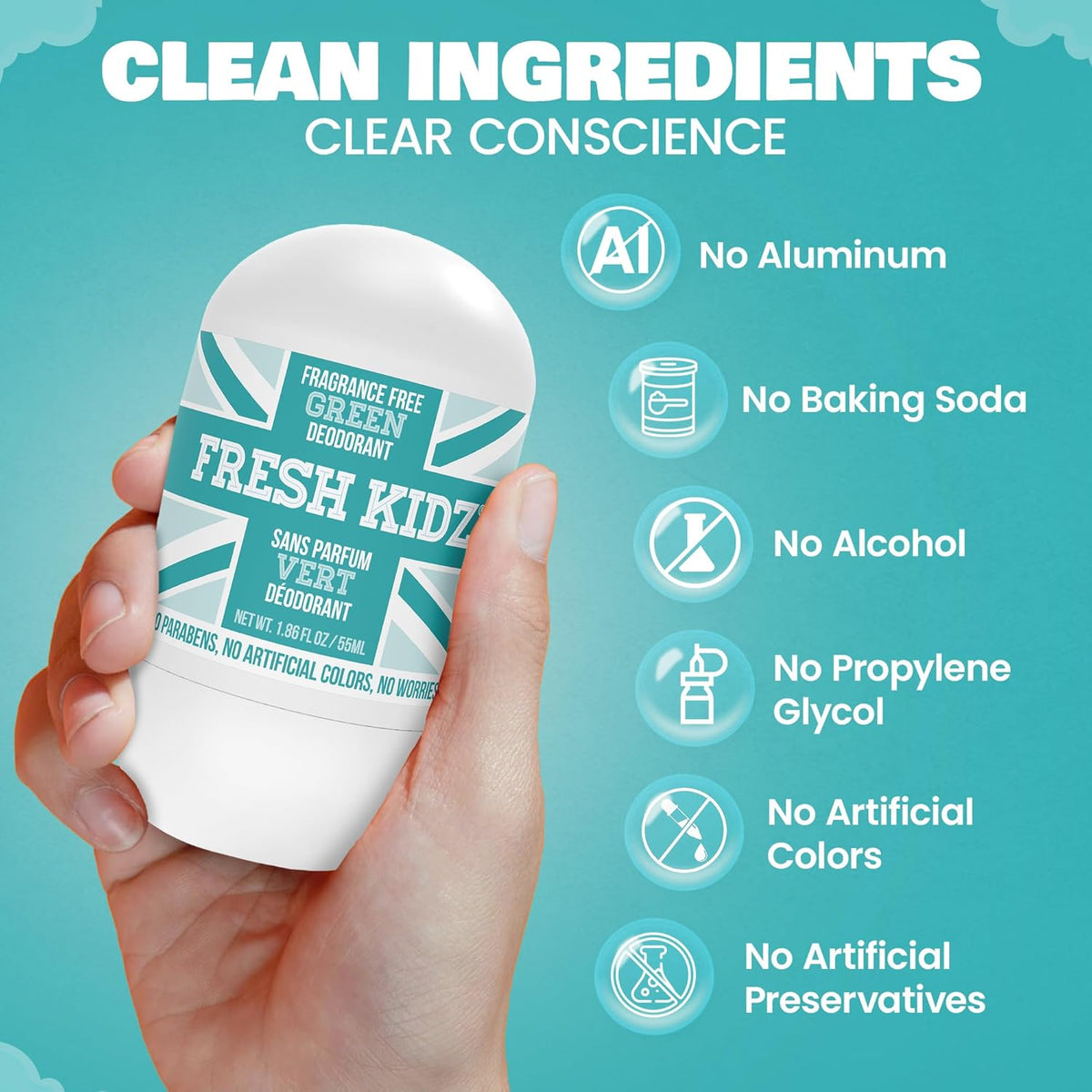 Fresh Kidz Green Fragrance-Free Roll-On Deodorant, 1.86 fl. oz.