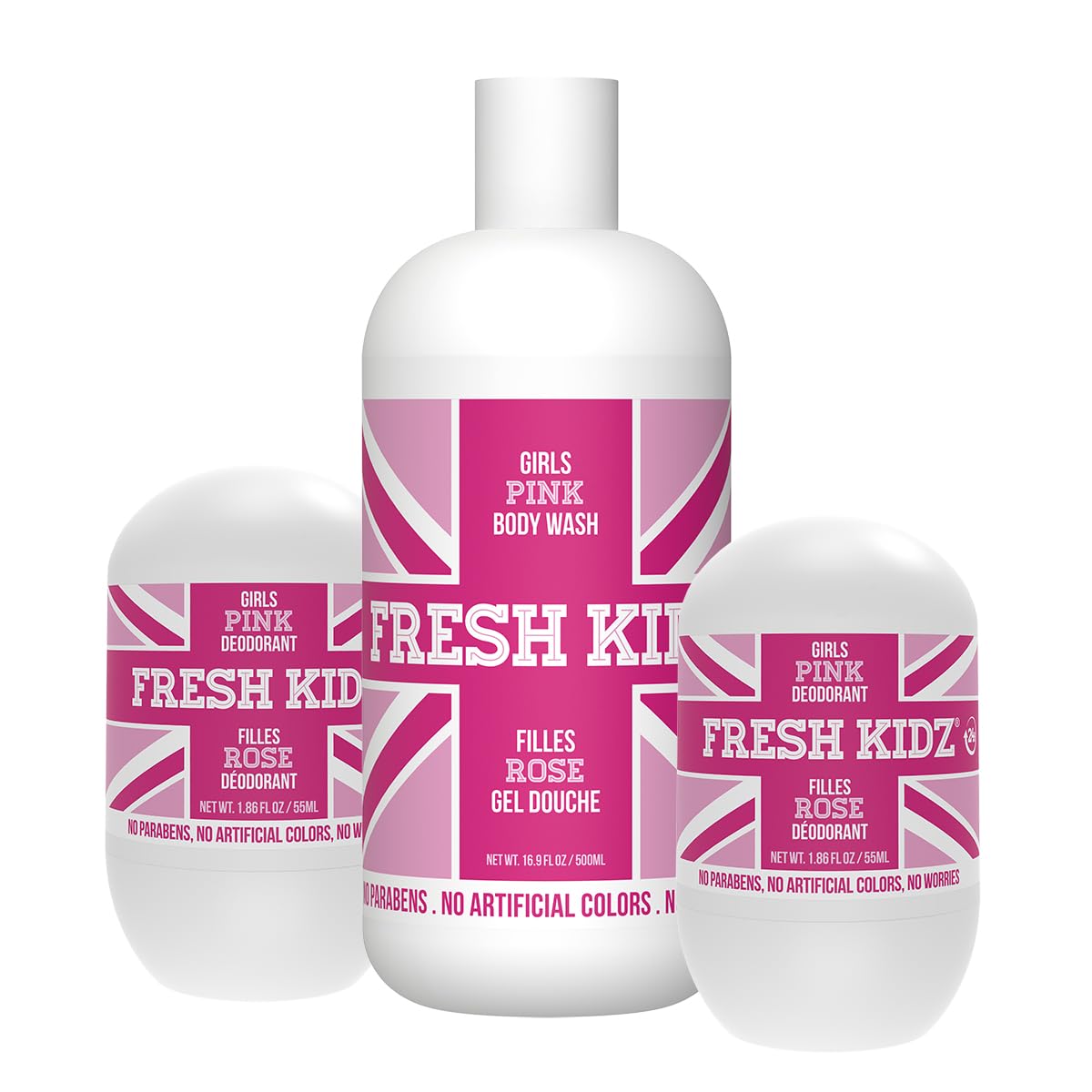 Fresh Kidz Girls Pink Body Wash + 2 Roll-On Deodorant Combo