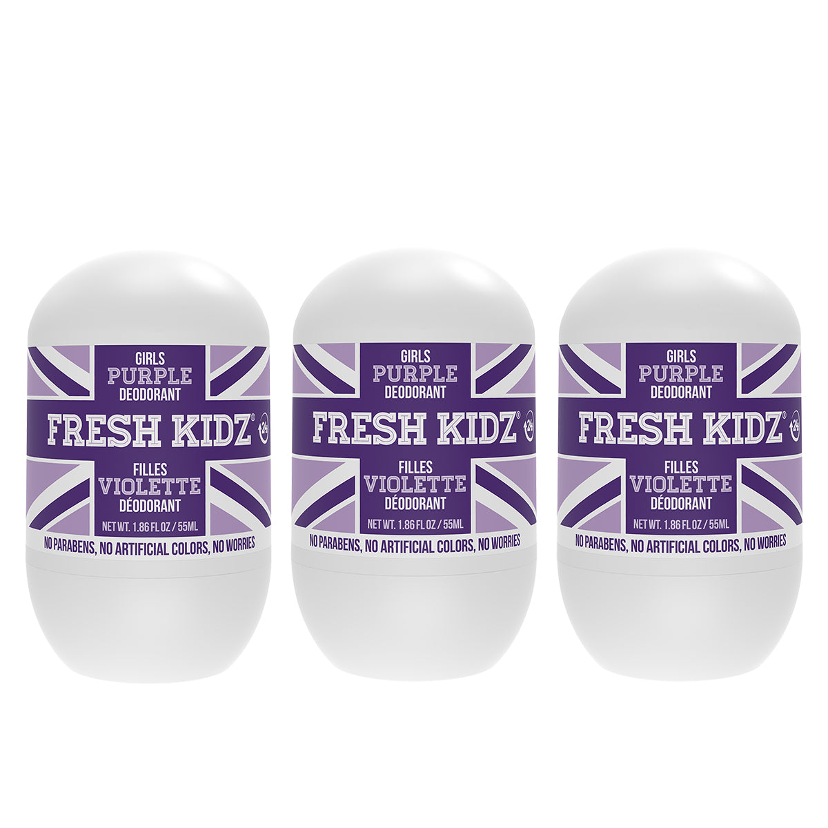 Fresh Kidz Girls Purple Roll-On Deodorant, 1.86 fl. oz. (3-PACK COMBO)