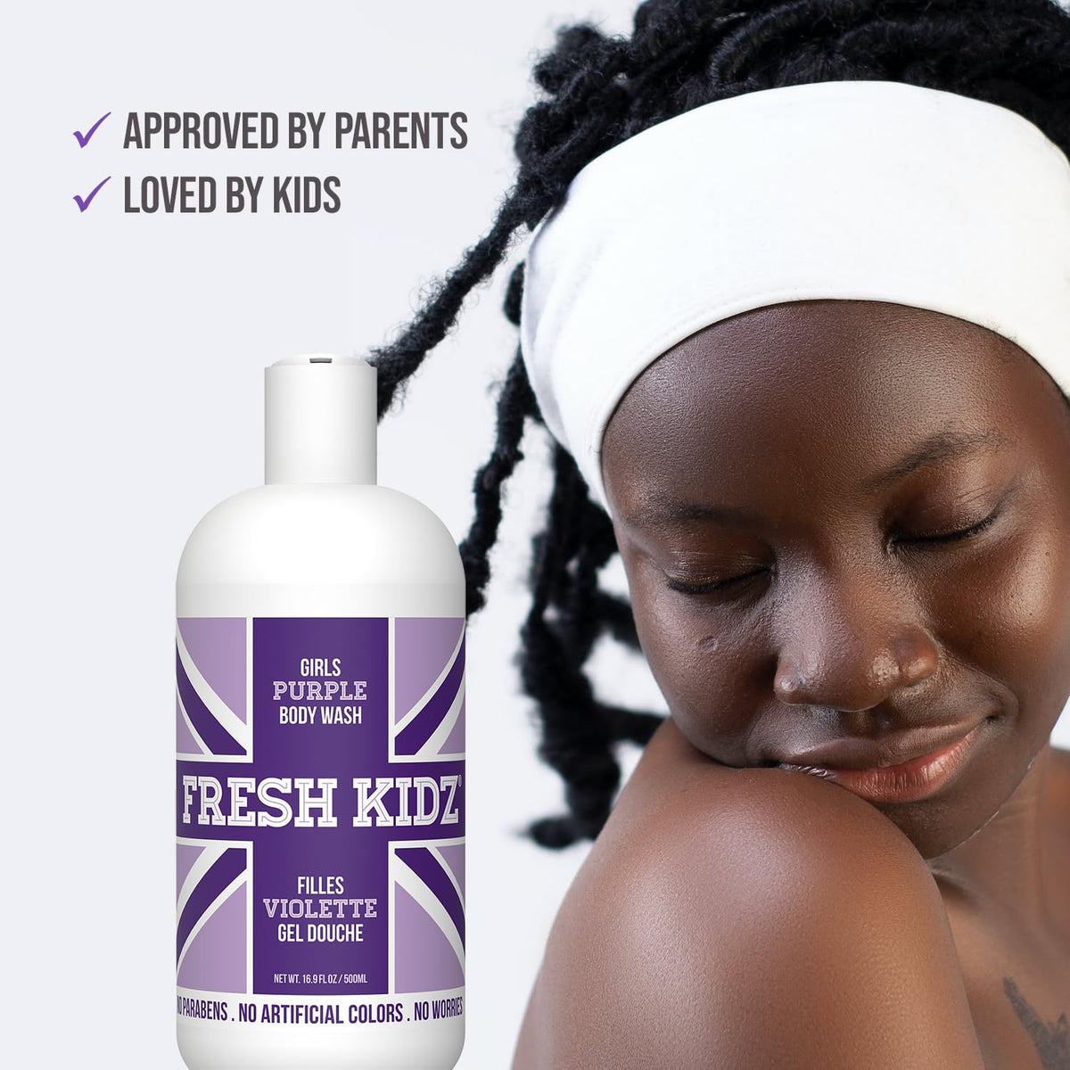 Fresh Kidz Body Wash 16.9 fl.oz. and 2 Roll-On Deodorants 1.86 fl.oz. for Kids and Teens - Girls Purple Set